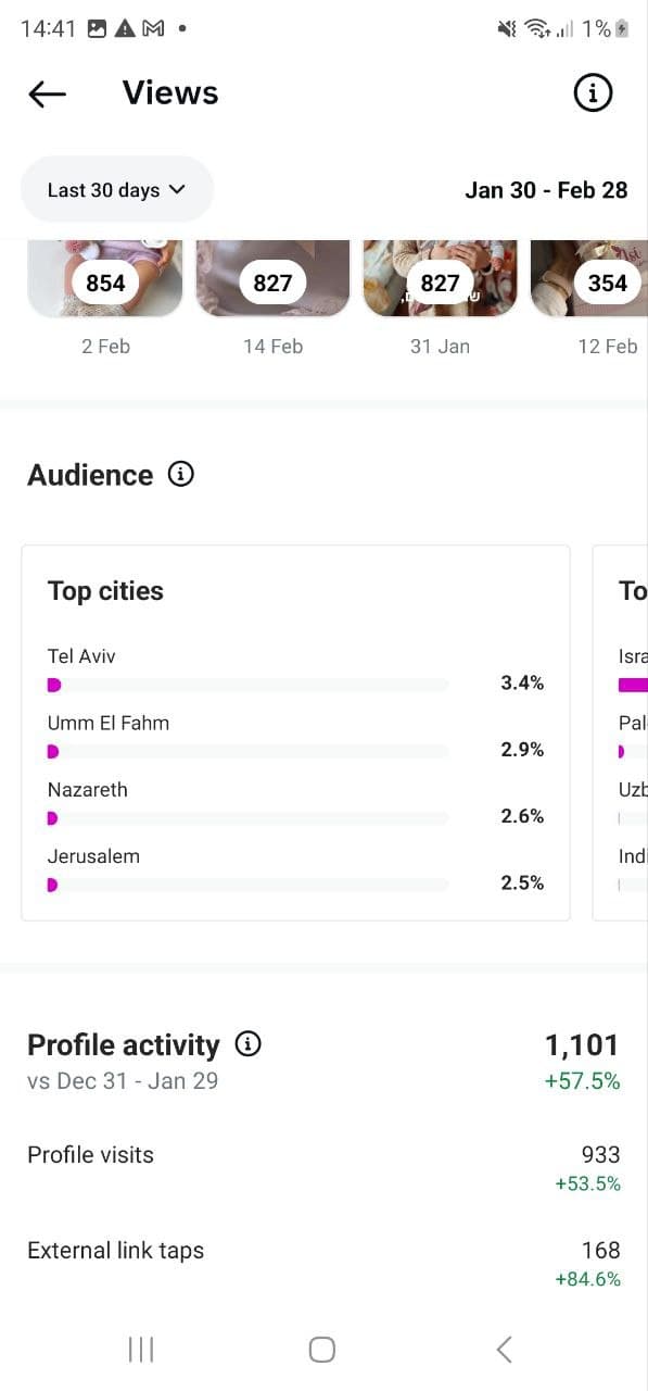 That visibility led to 1,101 profile actions, including 933 profile visits and 168 external link taps. Link clicks rose 84.6%, sending people from Tel Aviv, Nazareth and Jerusalem straight to the brand.